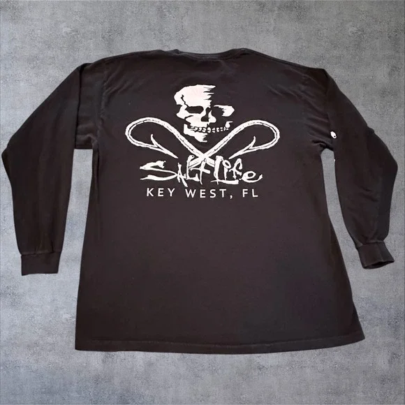 Salt Life Mens Large Black Long Sleeve Key West Skull Fish Hook Graphic T-Shirt - Picture 8 of 8